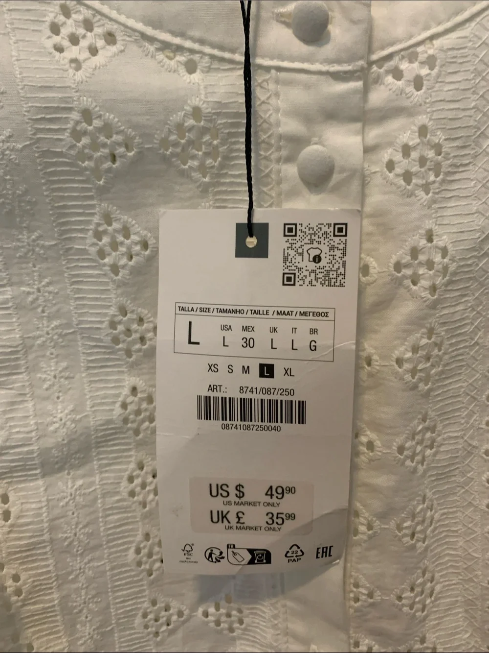Zara eyelet top, white
Size L
New with tag - Picture 3 of 5